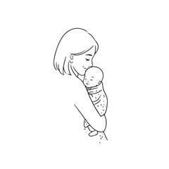 Black and white line art of a beautiful mother lovingly embracing her baby minimalist tender illustration