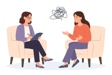 
Psychology therapy counseling. Psychologist talking with patient. Woman with stress, depression or mental problem.Vector illustration