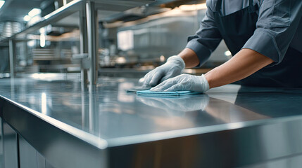 Professional worker polishing a clean stainless steel counter in a commercial kitchen.