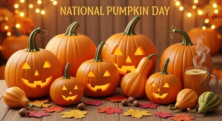 Festive Orange Pumpkins with Carved Faces on Wooden Table