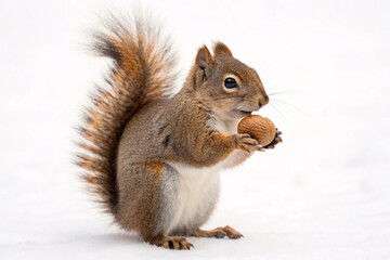 Obraz premium Gray squirrel holding walnut in front paws, fluffy tail curved upward, white background, studio portrait photography style.