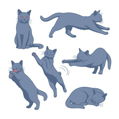 Playful Cats: A charming illustrated collection features six graceful cats, each displaying a unique pose and expression, showcasing their diverse playful personalities and elegant forms.