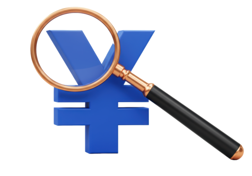 Isolated Yen currency under magnifying glass, financial scrutiny and market research concept