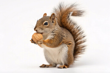 Fototapeta premium Gray squirrel clutching walnut close to mouth, fluffy tail behind body, sitting upright position, professional white background photography.