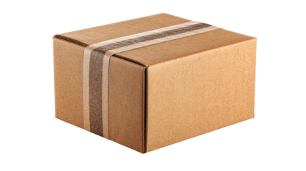 a brown cardboard box sealed with tape on white background