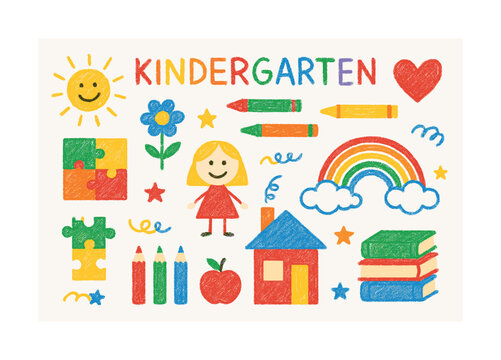 Colorful kindergarten drawing with happy symbols and playful elements