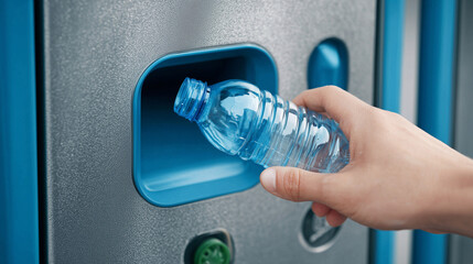 hand holding a plastic bottle to recycling