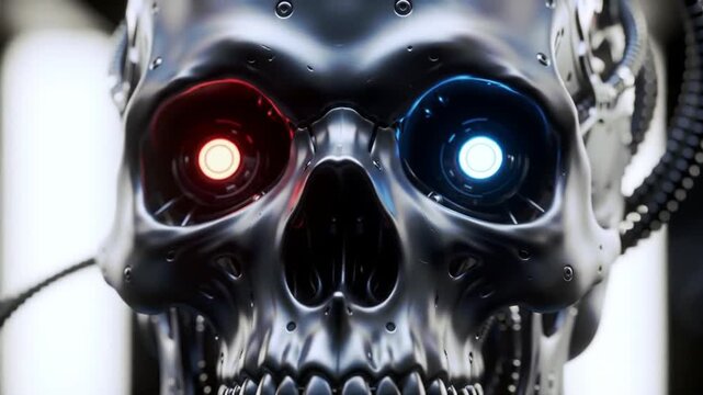 Intense Futuristic Cyborg Skull with Glowing Red and Blue Eyes: Advanced AI and Cybernetic Technology
