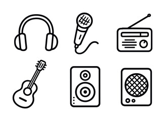 Audio icons: headphones, microphone, radio, guitar, speaker, amplifier