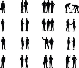 Silhouette collection of twenty business people in various poses, vector illustration for corporate design, teamwork concepts, professional presentations, and educational projects