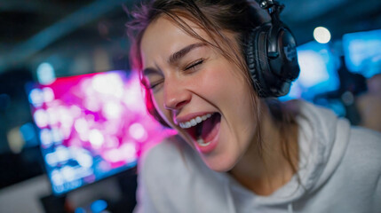 Cheerful young woman gamer streaming online with headphones, showing enthusiasm and joy