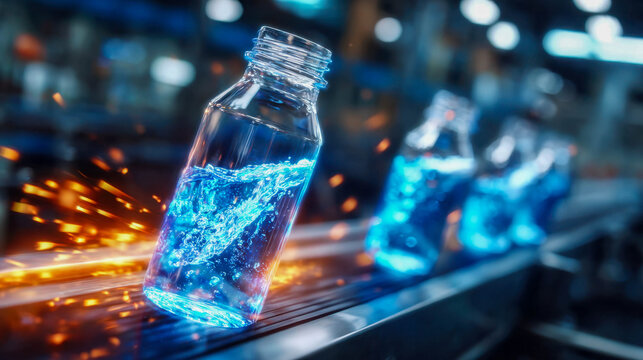 Transparent glass bottle on production line illuminated with glowing light effects