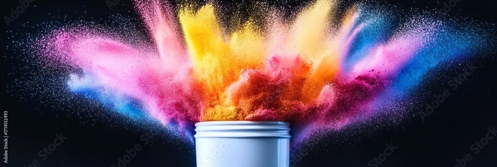 Poster vibrant explosion of colorful powder pigments bursting from a container creating artistic effects.