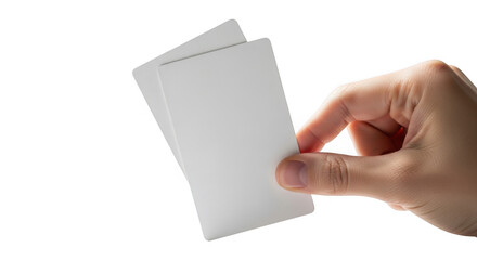 A hand holds two blank white cards, isolated on a transparent background