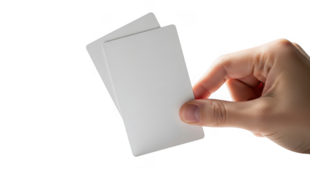 A hand holds two blank white cards, isolated on a transparent background