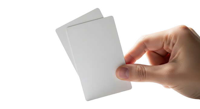 A hand holds two blank white cards, isolated on a transparent background