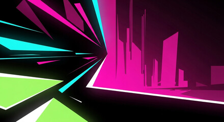 Dynamic digital landscape featuring a glowing neon city and abstract geometric lines