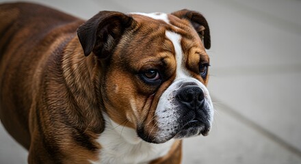 Brown and White Bulldog Close-Up with Wrinkled Face and Focused Expression Against Blurred Background
