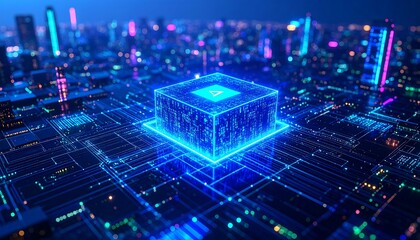 Futuristic cityscape with glowing circuit board and central cube