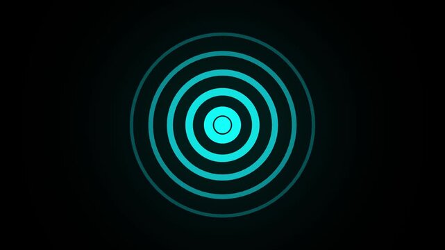 Flashing cyan radio wave signal indicating a place to pay attention to on black background 
