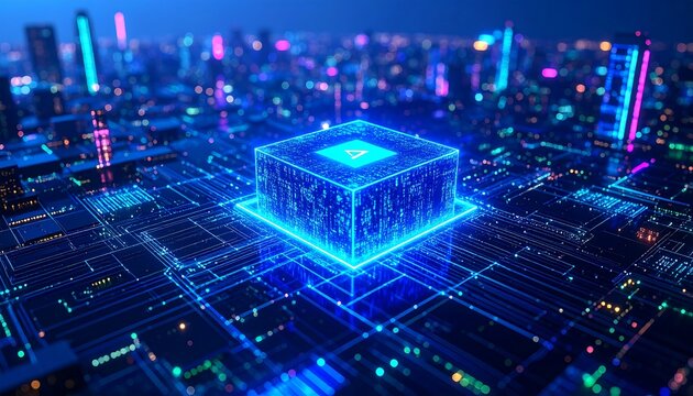 Futuristic cityscape with glowing circuit board and central cube - Powered by Adobe