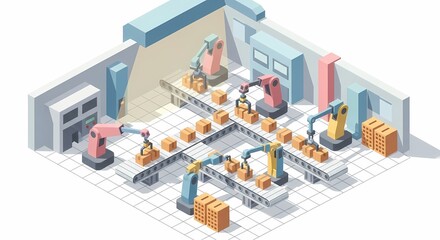 Automated Assembly Line: Robotic Arms Sorting Packages on Conveyor Belts