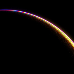 Abstract glowing arc of shimmering golden and purple particles curving through dark space. Represents cosmic energy, digital data flow, or futuristic technology.
