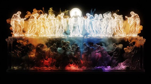 Abstract glowing ink forming contrast of angels above and demons below