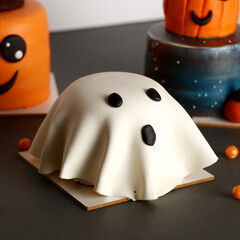 Fototapeta premium Fondant ghost-shaped cake with white draped covering and two black eyes, placed on a square cake base. The playful Halloween-themed dessert highlights creative decoration and seasonal