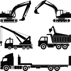 Silhouette set of five construction and transport vehicles, heavy machinery vector illustration for building, excavation, industrial projects, mining, and civil engineering graphics