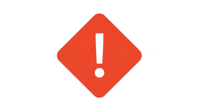 A red diamondshaped warning sign with a white exclamation mark, isolated on a transparent background