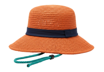 Isolated women's orange straw bucket hat with navy ribbon and teal chin strap fashion