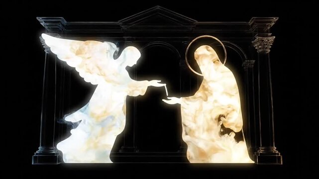 Angel announcing to Mary created with colorful glowing ink inside surreal glass