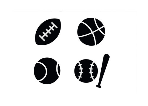 Icon set of popular sports equipment: football, basketball, tennis, baseball