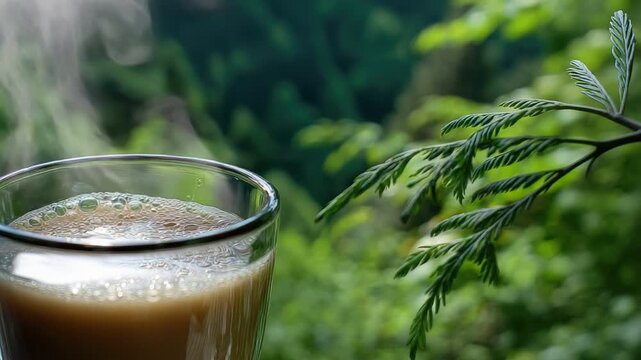 A steaming cup of coffee is set against a lush green background, capturing the essence of relaxation in nature. Perfect for showcasing beverages and moments of tranquility.