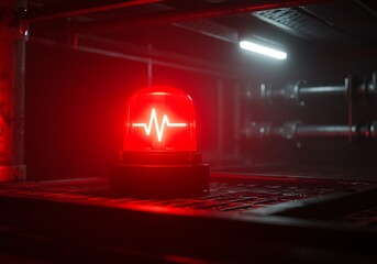 Emergency Alert Red Light with Heartbeat Symbol in Industrial Setting Warning System Design Concept
