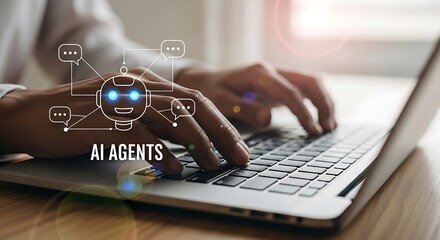Person typing on a laptop with ai agents graphic, representing artificial intelligence and automation in business