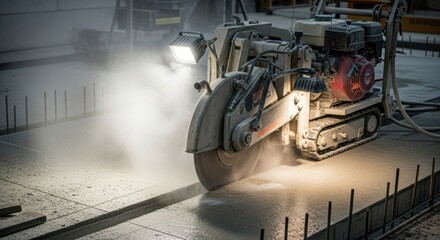 Concrete cutting machine in action creating a trench with power and precision on a construction site