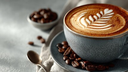 Enjoy a warm, inviting coffee art latte break with rich roasted beans for a moment of calm and simple pleasure in your day