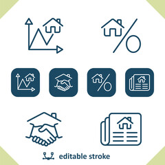 Real Estate Icons. House, Home, Mortgage, Graph, Handshake, Deal, Newspaper Icon