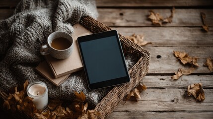 Digital tablet on autumn wooden table