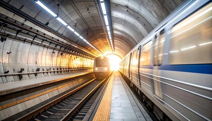 Obraz premium An illuminated tunnel perspective shows two trains at a station. Sunlight streams towards a train in the tunnel's end