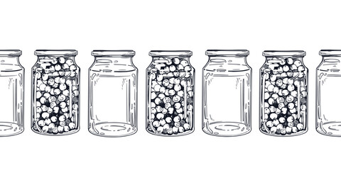 Seamless vector border of glass jars, jars of berry jam, food preparation for the winter. Everything is hand-drawn in ink. For printing on packaging of goods, food, textiles. Vector illustration