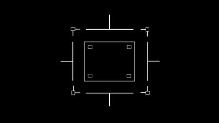 Loop in of formation of square radar display with target in sight in center on a dark background Target searching scope and scanning element theme. Animated radar infographics. 4K. 