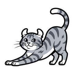 Playful feline stretches with joy: a charming American Curl cat showcases its distinctive, curled ears, stretching contentedly with a playful expression, illustrated in a clean, graphic style.