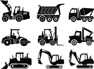 Silhouette set of nine construction vehicles, heavy machinery vector illustration for building, roadwork, mining, industrial projects, and civil engineering design graphics