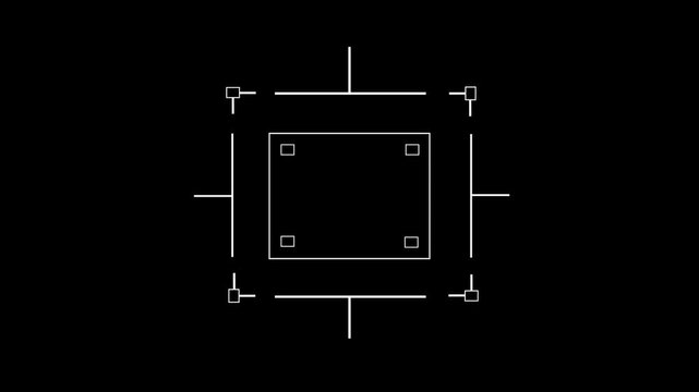 Loop in of formation of square radar display with target in sight in center on a dark background Target searching scope and scanning element theme. Animated radar infographics. 4K. 