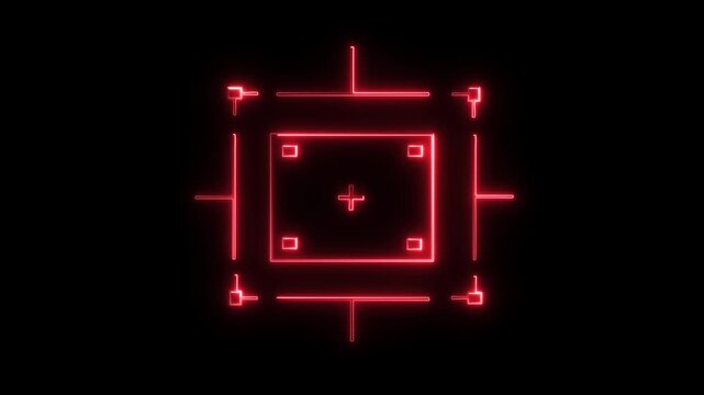  Neon Loop in of formation of square radar display with target in sight in center on a green background Target searching scope and scanning element theme. Animated radar infographics. 4K. 