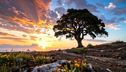 Dramatic sunset over a coastal hill with a solitary tree