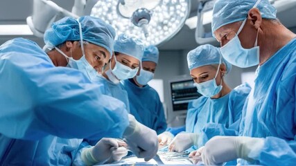A team of skilled surgeons in blue scrubs perform a delicate operation, showcasing teamwork and precision in a modern surgical suite. The focus is on care and medical expertise.